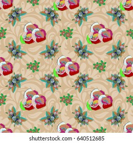 Vintage seamless pattern in green and blue colors. Hand written vector flowers, stamps, keys.