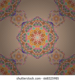 Vintage seamless pattern with green, brown and pink gradient. Elegant invitation card with vector decor of motley ornament.
