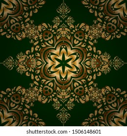 Vintage seamless pattern with green and golden gradient. Elegant invitation card with vector decor of motley ornament.