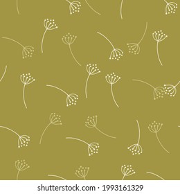 Patrón inmaculado de color verde pálido de oliva con formas de flores de león de doodle. Ilustración vectorial para impresiones textiles estacionales, tela, carteles, telas de fondo y papel pintado.