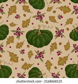 Vintage seamless pattern with green pumpkins, rose hips, acorns, oak leaves.Vector graphics.