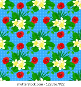 Vintage seamless pattern in green, red and blue colors. Hand written vector plumeria flowers, stamps, keys.