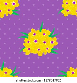 Vintage seamless pattern in green, violet and yellow colors. Hand written vector primula flowers, stamps, keys.