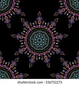 Vintage seamless pattern in green, violet and pink colors. Seamless background. Elegant vector damask wallpaper.