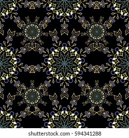 Vintage seamless pattern in green and yellow colors. Seamless background. Elegant vector damask wallpaper.