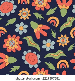 Vintage seamless pattern with groovy flowers. Trendy colorful floral endless background with hand drawn liquid daisy blossom, rainbow and leaves. Repeat vector illustration in vintage cartoon style 