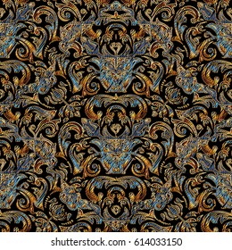 Vintage seamless pattern with grunge arras gold 3d damask flowers in vase and antique baroque ornaments in embroidery style. Luxury  black background wallpaper illustration. Royal texture.