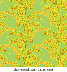 Vintage seamless pattern. Hand draw illustration. Decorative flowers and leaves on green background.