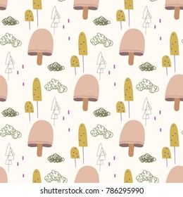 Vintage seamless pattern of hand draw quirky vector illustration of forest with mushroom and moss. Sketch pattern for decoration and design. Cute background for kids fashion fabric, wrapping,wallpaper