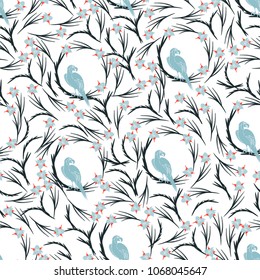 Vintage seamless pattern with hand drawn flowers and parrots. Vector illustartion.