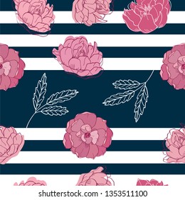 Vintage seamless pattern with hand drawn summer flowers, leaves and stripes for textile, wallpapers, gift wrap, scrapbook. Vector.