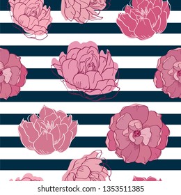 Vintage seamless pattern with hand drawn summer flowers and stripes for textile, wallpapers, gift wrap, scrapbook. Vector illustration.