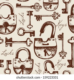 Vintage seamless pattern of hand drawn locks and keys	