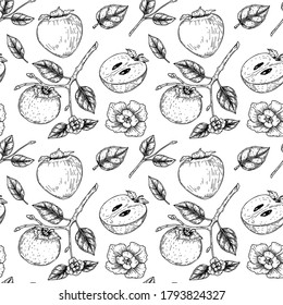 Vintage seamless pattern with hand drawn persimmon fruits, slices and leaves. Vector illustration in sketch style. 