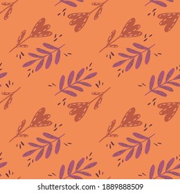 Vintage seamless pattern with hand drawn leaves branches and flower elements on orange background. Vector illustration for seasonal textile prints, fabric, banners, backdrops and wallpapers.