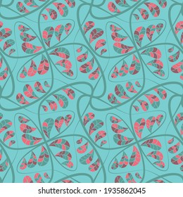 Vintage seamless pattern with hand drawn linear branches and colourful striped leaves on blue background. Vector illustration for wallpaper and fashion fabric.