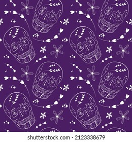 Patrón inmaculado vintage con calaveras blancas espeluznantes dibujadas a mano sobre fondo morado
