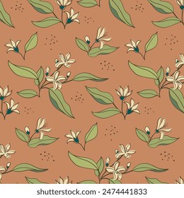 Vintage seamless pattern of hand drawn citrus blossom on terracota background. Nostalgic botanical print of spring tree branches with flowers. 