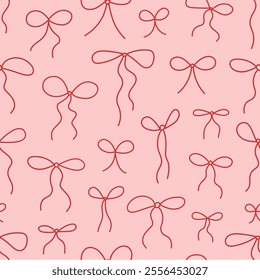 Vintage seamless pattern with hand drawn red bow knots, gift bows in line style. Cute coquette background. Wedding celebration print, party decoration, birthday, wrapping paper, textile design. 