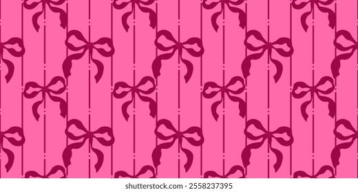Vintage seamless pattern with hand drawn dark red ribbon bows on pink background