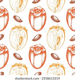 Patrón sin fisuras de Antiguas con frutas de caqui dibujadas a mano sobre un fondo blanco. Ilustración vectorial.