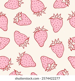 Vintage seamless pattern with hand drawn strawberry. Trendy modern background with red and pink colors. Cute vector illustration for paper, cover, fabric.