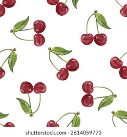 Vintage seamless pattern with hand drawn pairs of ripe cherries and green leaves. Classic red fruit illustration in retro sketch style. Ideal for summer packaging, kitchen decor and textiles