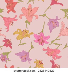 Vintage seamless pattern with hand drawn colorful lily flowers on pastel pink background. Boho floral repeat wallpaper. Vector illustration