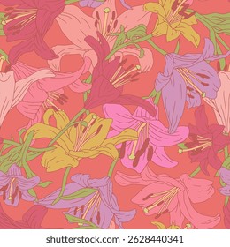 Vintage seamless pattern with hand drawn lily flowers on red background. Boho floral repeat wallpaper. Vector illustration