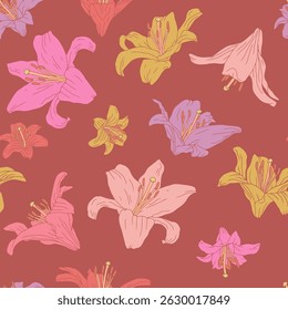 Vintage seamless pattern with hand drawn lily flowers on red background. Boho floral repeat wallpaper. Vector illustration
