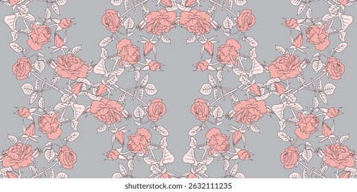 Vintage seamless pattern with hand drawn pink rose flowers on gray background. Art nouveau style floral repeat wallpaper. Vector illustration