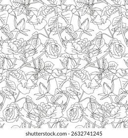 Padrão sem costura vintage com flores de rosa preto e branco desenhadas à mão. Boho floral monocromático repete papel de parede. Ilustração vetorial