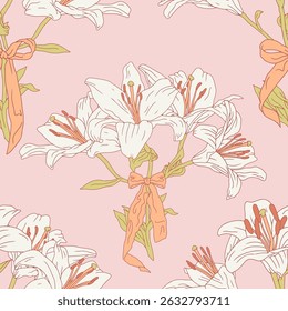Vintage seamless pattern with hand drawn white lily flowers and fancy bow knots on pastel pink background. Boho floral repeat wallpaper. Vector illustration