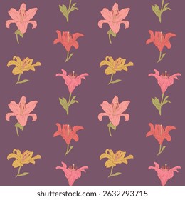 Vintage seamless pattern with hand drawn lily flowers on dark purple background. Boho floral repeat wallpaper. Vector illustration