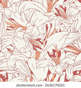 Vintage seamless pattern with hand drawn white lily flowers all over background. Boho floral repeat wallpaper. Vector illustration