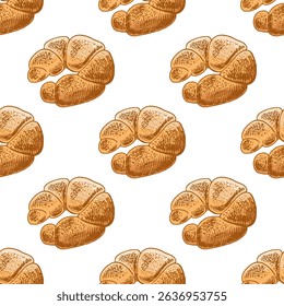 Vintage seamless pattern of hand drawn croissant pastry in engraving style. Colored version. Ideal for bakery packaging, wrapping paper, menu design and cafe branding.
