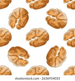 Vintage seamless pattern of hand drawn croissant pastry in engraving style. Colored version. Ideal for bakery packaging, wrapping paper, menu design and cafe branding.