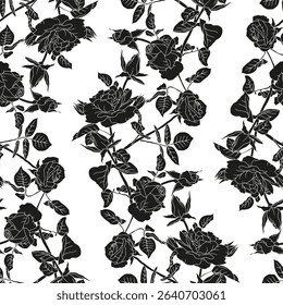 Vintage seamless pattern with hand drawn black and white rose flowers silhouettes. Boho floral monochrome repeat wallpaper