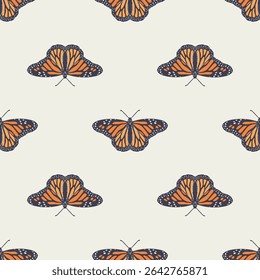 Vintage seamless pattern with hand drawn orange monarch butterflies on beige background. Repeat wallpaper of beautiful tropical insect