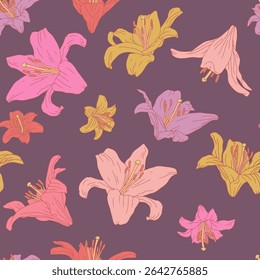 Vintage seamless pattern with hand drawn lily flowers on dark purple background. Boho floral repeat wallpaper. Vector illustration