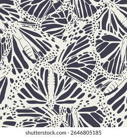 Padrão sem emenda vintage com borboletas monocromáticas monarcas preto e branco desenhadas à mão. Repetir todo o papel de parede de belo inseto tropical