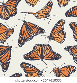 Padrão sem emenda vintage com borboletas monarca laranja desenhadas à mão sobre fundo bege. Repetir papel de parede de belo inseto tropical