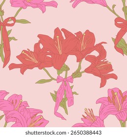Patrón sin fisuras de Antiguas con flores de lirio dibujadas a mano y nudos de lazo de lujo sobre fondo rosa pastel. Boho floral repetir Fondo de pantalla. Ilustración vectorial