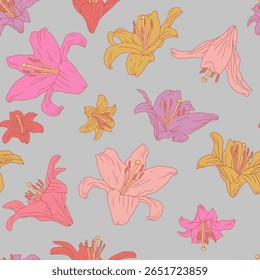 Vintage nahtloses Muster mit handgezeichneten bunten Lilienblumen auf grauem Hintergrund. Boho Blumenmuster Tapete wiederholen. Vektorgrafik