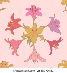 Vintage seamless pattern with hand drawn colorful lily flowers on pastel pink background. Boho floral repeat wallpaper. Vector illustration