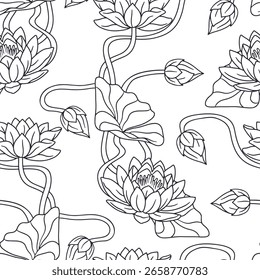 Patrón sin fisuras de Antiguas con la flor de loto dibujada a mano en blanco y negro. Fondo de repetición de nenúfar de agua art nouveau