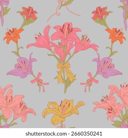 Patrón sin fisuras de Antiguas con flores de lirio dibujadas a mano y nudos de lazo de lujo sobre fondo gris. Boho floral repetir Fondo de pantalla. Ilustración vectorial