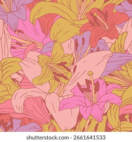 Vintage seamless pattern with hand drawn lily flowers. Boho floral repeat background. Vector illustration