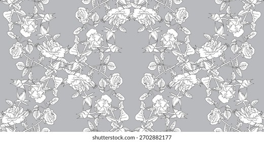 Vintage nahtloses Muster mit handgezeichneten schwarz-weißen Linien Kunst Rosenblumen. Boho Blumenmuster monochrome Tapete wiederholen. Vektorgrafik