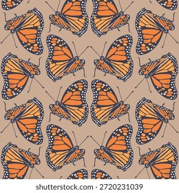 Vintage nahtloses Muster mit handgezeichneten orangefarbenen Monarchschmetterlingen auf braunem Hintergrund. Tapete von schönen tropischen Insekten wiederholen